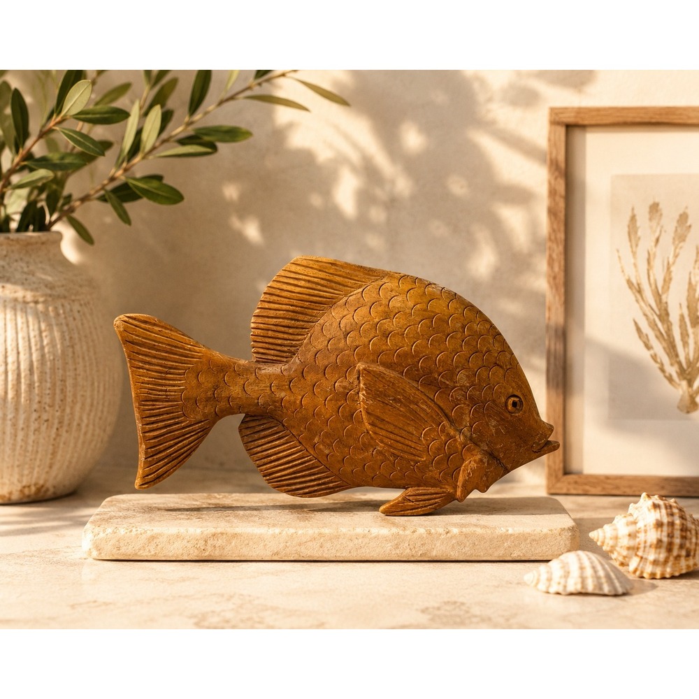Vintage Hand Carved Wood Tropical Fish Sculpture Figurine Coastal Beach Decor 9"